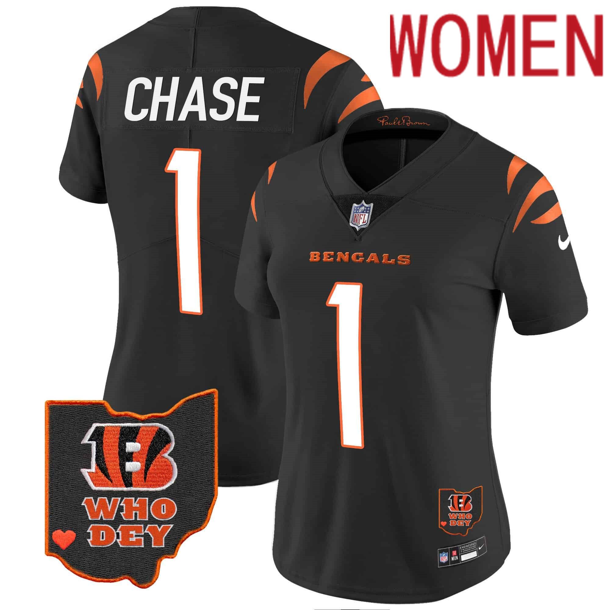 Women Cincinnati Bengals #1 Chase Black 2024 Nike Patch Vapor Limited NFL Jersey style 2->customized nfl jersey->Custom Jersey
